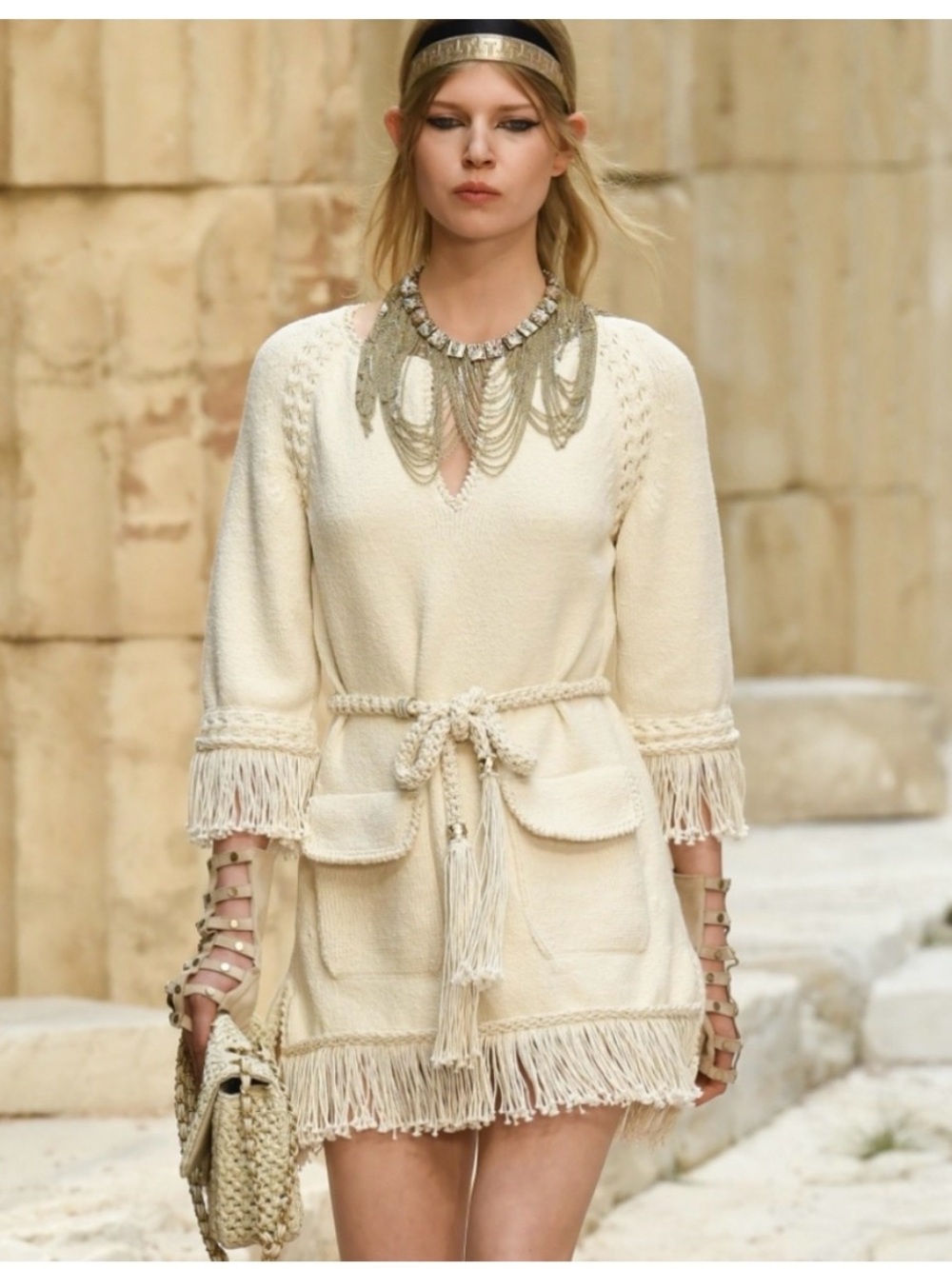 CHANEL 18C Runway Greece Knit Belted Fringe Dress 36